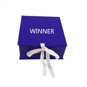 Blue printed paper packaging box with ribbon