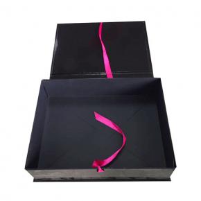 Custom glossy black cardboard gift box with ribbon